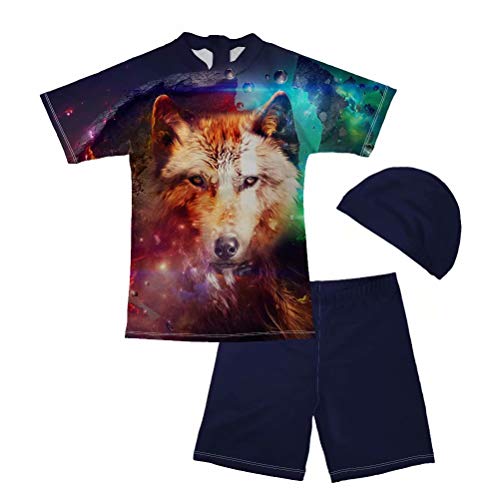 FOR U DESIGNS Baby Boys Swimsuit Set with Trunks and Rashguard Swim Shirt Set with Swimming Cap Universe Wolf Printed 9-10 Years