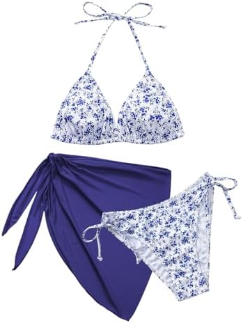 Svanco Cute Bikini Damen Set 3 Teilig mit Blumenmuster - Triangle Neckholder Oberteil, Unterteil Seitlicher Schnürung und Wrap Rock