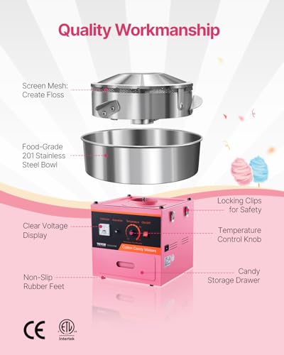 VEVOR Electric Cotton Candy Machine, 1000W Commercial Floss Maker w/Stainless Steel Bowl, Sugar Scoop and Drawer, Perfect for Home, Carnival, Kids Birthday, Family Party, Pink