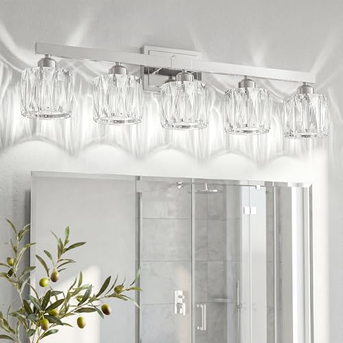 Image of VOLISUN Crystal Vanity Lights for Bathroom, 5 Light Bathroom Vanity Light, Modern Stainless Steel Bathrooms Lights Over Mirror, Chrome Bathrooms Lights Fixtures-UL Certificated(Exclude Bulb)