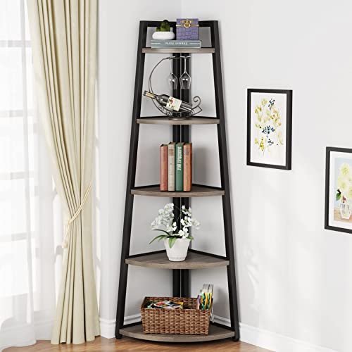 Tribesigns 70 Inch Tall Corner Shelf, 5 Tier Industrial Corner Bookshelf Bookcase Industrial Corner Ladder Shelf Plant Stand For Living Room, Kitchen, Home Office (Grey) #TOP4
