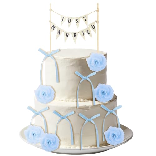 12Pcs Wedding Cake Topper Vintage Affair Just Married Bunting Topper with Wood Pole Handmade Pennant Flags Blue Bow Ribbon Flowers Cake Decor for Bridal Shower Weeding Party