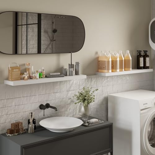 BAMEOS Schwebregale, 80cm Breite Weiße Wandmontierte Holzregale mit unsichtbaren Klammern - Set von 2, Wanddeko-Deko für Schlafzimmer, Bad, Wohnzimmer und Küche