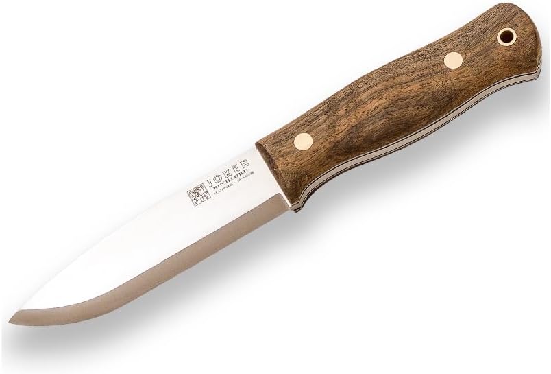 Joker Full Tang Scandi Bushlord 138 Hunting Knife, Curly Birch and Walnut Handle, 4.5-inch Blade, with Brown Leather Sheath, Fishing, Hunting, Camping, and Hiking Tool. (Walnut Wood, Leather Sheath)