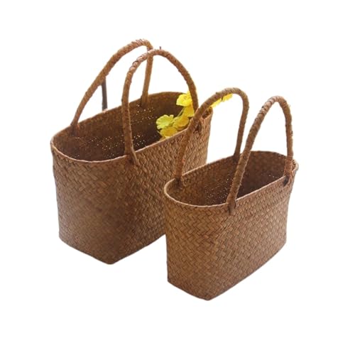 Straw Beach Bag Seaweeds Woven Basket Flower Basket Garden Succulent Bag Storage Basket Women Handbag Beach Bag(L)