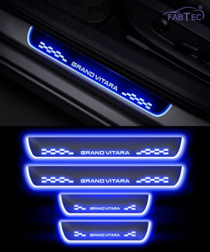 Image of Fabtec Car Door Foot Step Led Sill Plate Compatible with Maruti Grand Vitara, Anti-Scratch Reflective Mirror Finish, Blue Light, Set of 4 Pcs (6 Months Warranty)