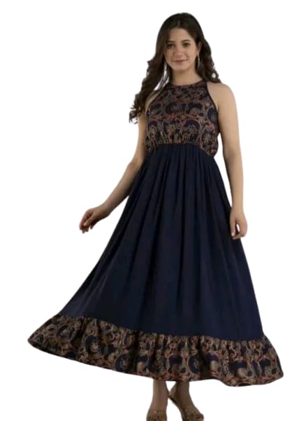 Image of Women's Embroidered Anarkali Maxi Dress | Sleeveless Ethnic Gown with Floral Print | Party Long Flared Dress for Women & Girls