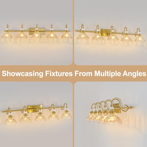 Image of Vintage Bathroom Vanity Light, 5-Light Brushed Gold Finish Wall Sconce with Hanging Crystal Accents and Flower-Shaped Amber Glass Shades, Retro Wall Mount Vanity Light Over Mirror for Bathroom