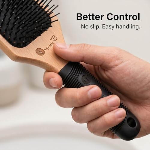 Image of Premium Wooden Paddle Hair Brush for Men & Women | Wide Detangling Hair Brush for Wet, Thick, Curly & Long Hair | Anti-Static Smooth Finish | Rubber Grip Handle