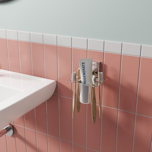 Image of USF 304 Stainless Steel Wall Mounted Tumbler Holder, Bathroom Organizer for Toothbrush, Toothpaste & Daily Essentials, Compact Space Saving Setup, 25 Years Warranty (Chrome Finish) - Orizon