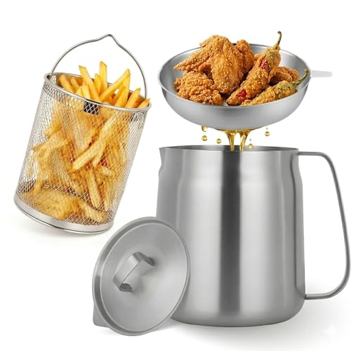 Image of 68oz Stainless Steel Oil Filter Pot with Deep Fryer Basket & Oil Strainer, 304 Food Grade Deep Fryer, Bacon Grease Saver Container for Kitchen Cooking & Camping Japanese Tempura Fryer Pot (2L)