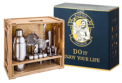 18 Piece Cocktail Shaker Set With Rustic Pine Stand, Gifts For Men Dad Grandpa,Stainless Steel Bartender Kit Bar Tools Set, Home, Bars, Parties And Traveling (Silver) #TOP1
