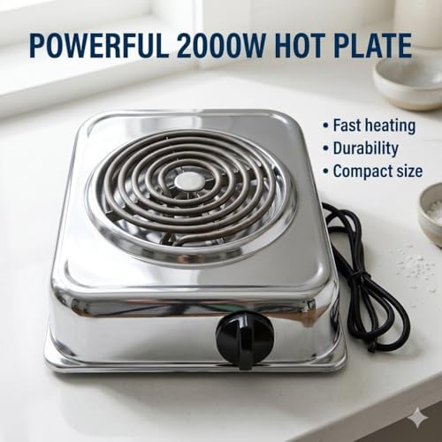 Image of Drumstone 2000W Electric Hot Plate Single Burner - High-Efficiency Fast Heating Cooktop with Durable Chrome Surface, Even Heat Distribution, Portable Compact Design for Kitchen, Office & Travel Use