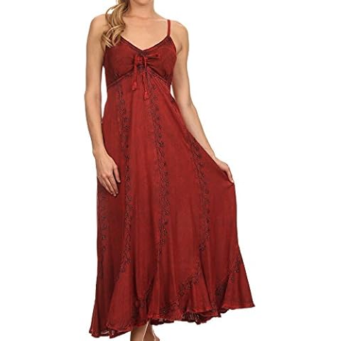 Sakkas 152105 - Allie Stonewashed Embroidered Adjustable Spaghetti Straps Long Dress - Red - 1X/2X Cover