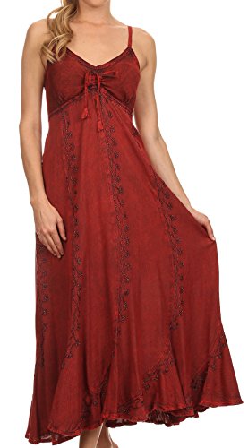 Image of Sakkas Allie Stonewashed Embroidered Adjustable Spaghetti Straps Long Dress