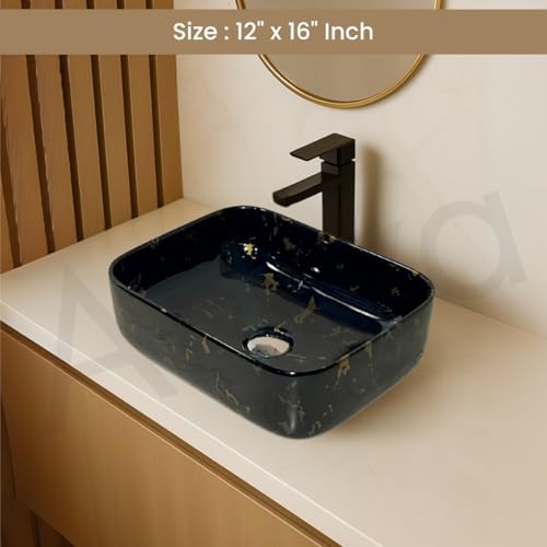 Image of Artiva Ceramic Wash Basin /Tabletop Washbasin For Bathroom,12 inchx16 inch /Small Countetop Bathroom Basin /Table Top Basin For Home,Office,Hotel /Rectangle Glossy Sink (Phoenix-Gold,12x16 Inch)