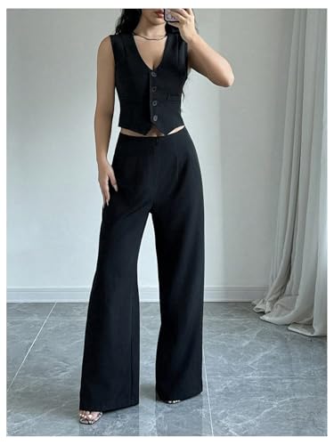Chic Black Women's Business Suit Sets – WDIRARA 2 Piece Sleeveless Blazer & Wide Leg Pants in Medium - Image 5