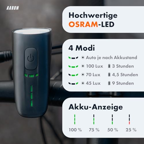 AARON LED Fahrradlicht Set 100 LUX für Stadtpendler & E-Bike-Fahrer, StVZO zugelassen, USB...
