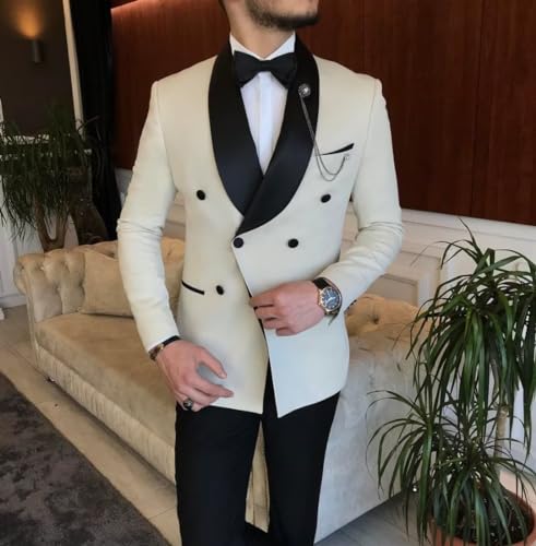 2 Piece Men's Slim Fit Suit Double Breasted Shawl Lapel with Bow Tie Tuxedos Wedding Business Set4