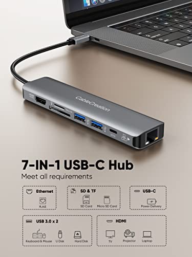 Image of CableCreation 7-in-1 USB C Hub Multiport Adapter, USB Type C to 4K@60Hz HDMI, 1000M Ethernet, 2 USB 3.0 Ports, 100W PD and SD /TF Cards Reader Adapter for Laptop MacBook Pro /Air,iPhone 15 Pro Max