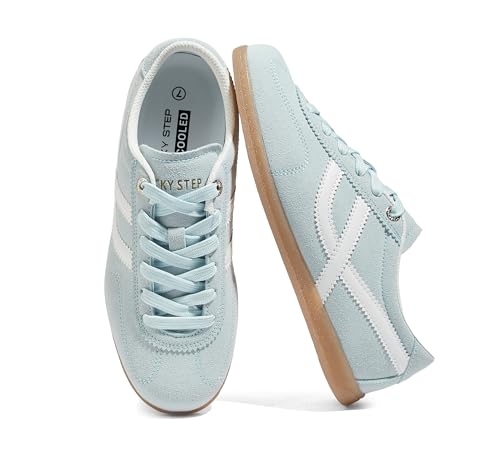 LUCKY STEP Women's Classic Retro Sneakers Casual Fashion Gum Sole Trainer Cow Suede Running Walking Shoes(Blue/White,6)