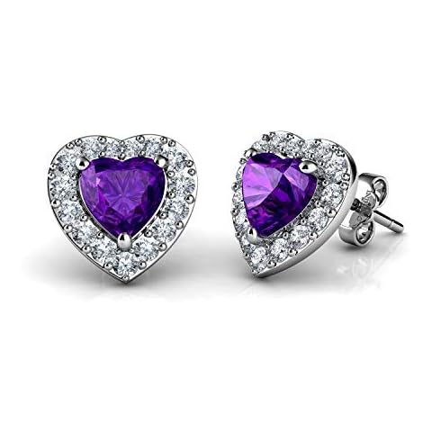 DEPHINI - Purple Heart Earrings 925 Sterling Silver CZ Crystal Pendant Fine Jewellery Stud Earrings - Rhodium Plated - Cubic Zirconia Cover