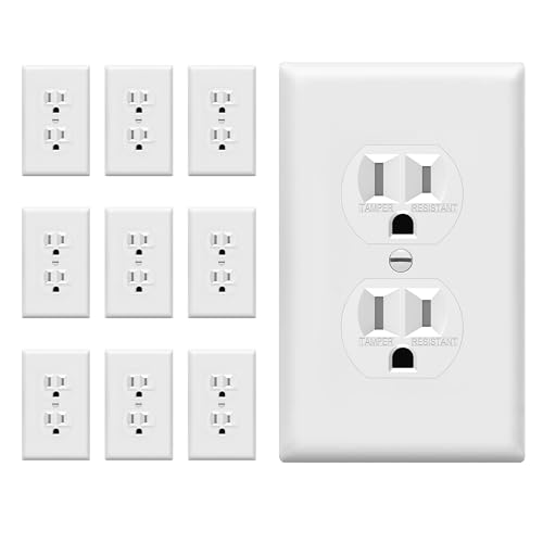 Enerlites 61580-TR-WWP-10PCS, Duplex Receptacle Outlets and Wall Plates Bundle, Tamper-Resistant Electrical Receptacle, 15A 125V, Self-Grounding, 2-Pole, UL Listed, White (10 Pack)