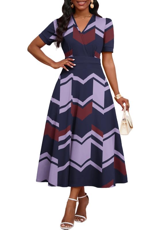 Image of MarryUP Women's Midi Dresses - V Neck Cocktail & Church Tea Dresses - Short Sleeve A-Line Swing Dress
