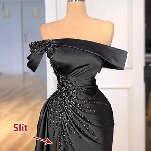 Satin Off The Shoulder Prom Dresses Beaded Mermaid Formal Evening Gown Pleated Sleeves Party Dress with Slit3