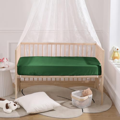 Image of SiinvdaBZX 2 Pcs Satin Crib Sheets for Baby Hair, Emerald & Sage Green | 52 x 28 Inch Silk-Like Soft Fitted Crib Sheets Baby Mattress Sheets for Standard Crib, Toddler Mattress, with 8 Inch Pocket