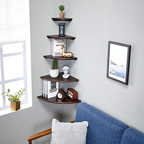 Image of Corner Shelf,16inch Walnut Solid Wood Floating Corner Shelves Wall Mount Round End Floating Speaker Rack with Wire Hole for Small Plant for Bedroom Kitchen, Living Room