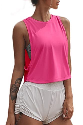 Sanutch Cropped Tank Tops for Women Crop Workout Tank Yoga Tops Hot Pink Medium