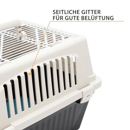 Ferplast Katzentransportbox, kleine mittelgroße Hundetransportbox, Hunde und Katzen bis 15 kg, mit Kissen und Napf, Lüftungsschlitze, 40x60xH38 cm, Transportbehälter Atlas 30 Open