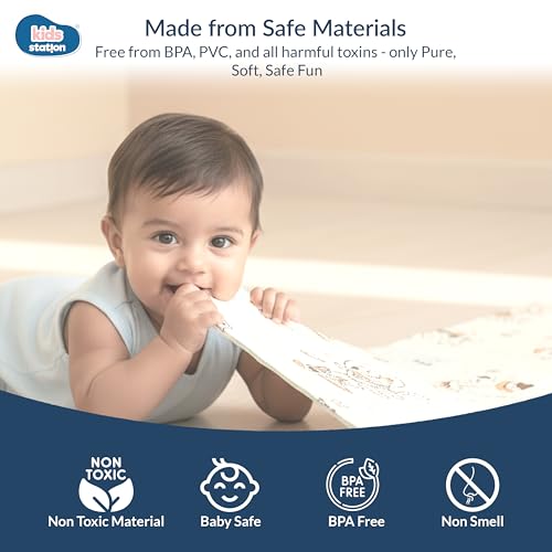 Image of Kids Station Double-Sided Waterproof Baby Playmat - Foldable, Portable & Reversible Foam Mat for Infants, Toddlers & Kids - Soft, Non-Slip, Easy-to-Clean Baby Crawling Mat for Indoor /Outdoor Use (200x150x1.0cm, City & Rocket Print Big)