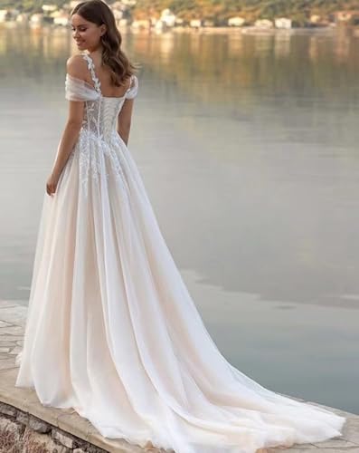 White Bridal Dress Off Shoulder Spaghetti Straps Appliques Lace Backless Beading Corset Tulle Plus Size Wedding Dresses Bride Us22W #TOP13