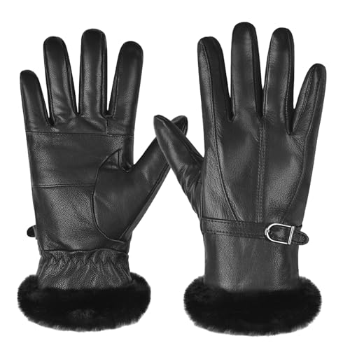 Guantes de piel de oveja abrigo invierno mujer Harssidanzar SL022UK negros