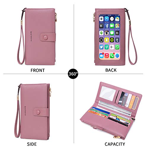 Image of myfriday Touch Screen RFID Phone Crossbody Purse with 2 Straps for Women | Clear phone window, RFID card space, 11 slots and zip pockets support quick calls, errands, theme parks and travel
