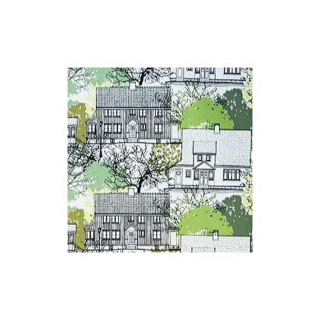 Amazon アルメダール社生地 布 Prastliden プラストリデン 建物柄 巾150cmｘ50cm単位 ファブリック Almedahls 北欧 グリーン系 布 生地 通販