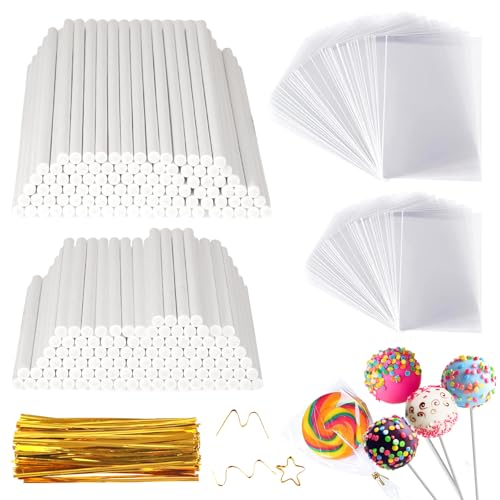 Qichan 600 Stück Cakepop Stiele Set, 200 Stück 10cm und 15 cm Lollipop Sticks 200 Süßigkeiten Tüten mit 200 Gold Twist Ties, Cakepop Sticks für Lutscher, Süßigkeiten, Pralinen, Kekse