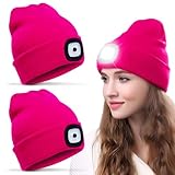  2 Pièces Chapeau Lumineux Rose Rouge, Bonnet d\'hiver LED avec Lumière LED, Chapeau de Lampe Frontale Chaud d\'hiver Rechargeable pour Enfants, Petits Cadeaux Amusants pour Filles et Garçons