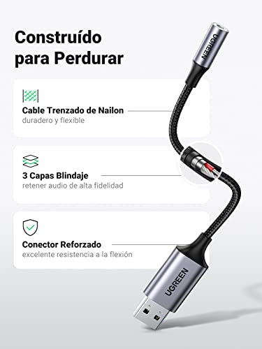 UGREEN Adaptador de Audio USB a Jack 3,5 mm Tarjeta de Sonido Externa Soporta 24bit 96KHz para Auriculares y Micrófono Compatible con PC Macbook Switch PS4/5 25CM - imagen 5