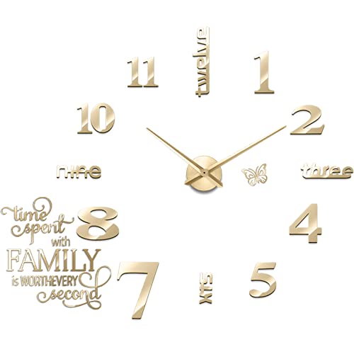 Junkin 3D Large Frameless Diy Wall Clock,Modern Decor Family Quote Wall Stickers Clock Kit For Home Living Room Bedroom Office Wall Decorations Adjustable Size (Gold) #TOP6