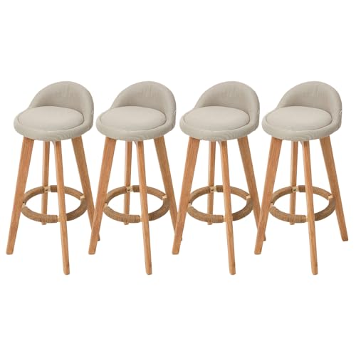 Warmiehomy Breakfast Bar Stools Set of 4, Kitchen Island High Bar Stools with Solid Wood Legs, Modern Linen Fabric Barstools Set of 4 for Kitchen Counter, Dining Room, Pub, Bistro, Cafe, Beige