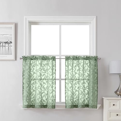 Lecloud Leia Sage Green Sheer Kitchen Curtains 24 Inch Length 2 Pcs, Jacquard Leaf Textured Voile Short Curtains with Dual Rod Pocket, Farmhouse Bedroom Living Room Tiers, Each Panel 28" W x 24" L
