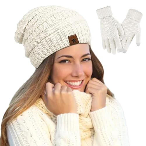 Guantes de invierno blancos para niñas y niños con gorro térmico a juego