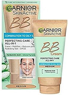 NEW & IMPROVED Garnier Oil-Free Perfecting All-in-1 BB Cream, Shade Medium, Tinted Moisturiser SPF25, Mattifies Skin & Evens Complexion, With Hyaluronic Acid, Aloe & Mineral Pigments, 50ml