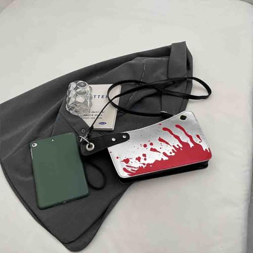 Image of PU Leather Creative Prank Knife Shoulder Bag, Japanese Cartoon Gothic Horror Crossbody Bag, Bloody Axe Chopper Clutch Purse