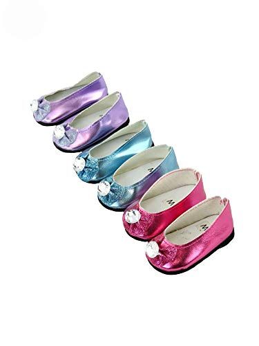 American Fashion World Hot Pink, Lavender, and Teal Metallic Diamond Bow Flats for 14 inch Dolls | 3 Pack | Premium Quality & Trendy Design | Dolls Shoes | Shoe Fashion for Dolls for Popular Brands
