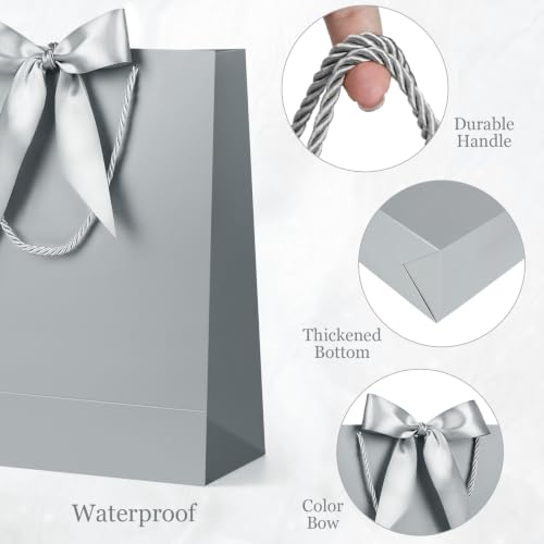 Image of JMANNI Gift Bag, 1PCS Gift Bags with Ribbon and 1 Greeting Cards 2 Tissue Paper, Portable Paper Gift Bag with Handles, Birthday Gift Bags,Present Bags for Wedding Party Mothers Day(Silver)