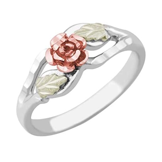 Blooms Rose Flower Diamond-Cut Ring, Sterling Silver, 12k Green and Rose Black Hills Gold Size 7
